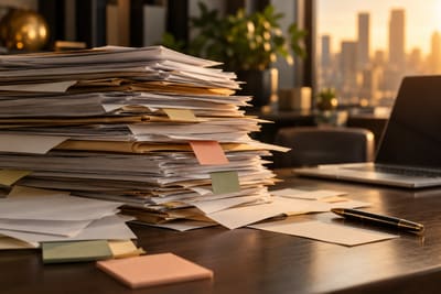 Pilhas de documentos ao lado de um notebook