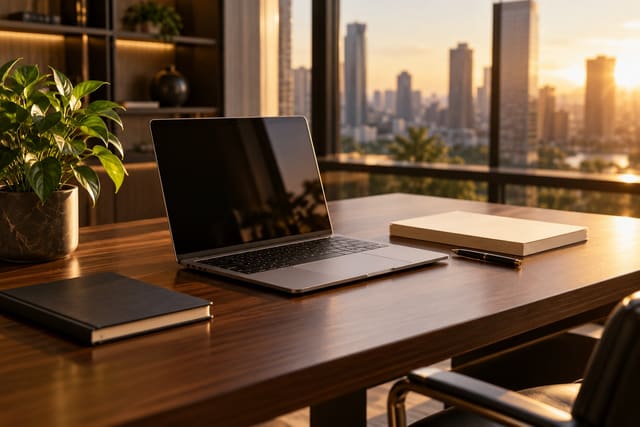 Mesa de trabalho com notebook, cadernos e planta