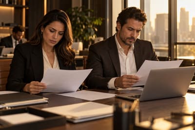 Equipe em reunião revisando papéis