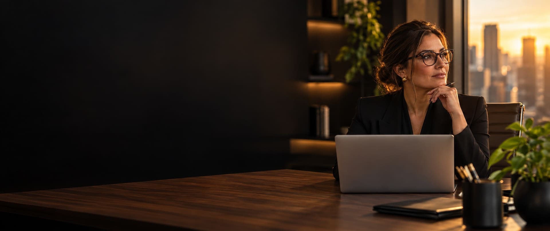 Empresária pensativa diante do notebook no escritório